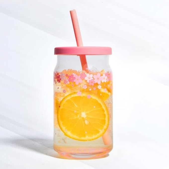 Pink Flower Glass Cup  400ML